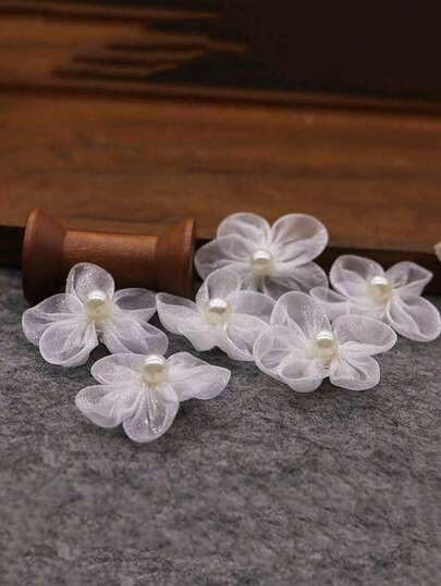 20pcs White Organza Flowers With Pearl, Embroidered Patch, Sewing Decor Applique, Craft Decoration, Badge, Iron-On Patch, Suitable For Sewing And Knitting Projects