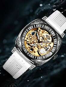 男士硅胶表带，带夜光雕刻和镂空设计，多功能、个性化、全自动机械表 - 均碼 - 查看 4