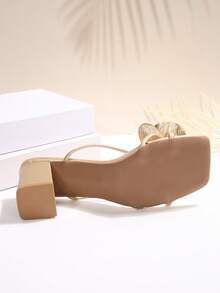 Square Toe Solid Color Elegant Commuter Chic Fairy Style PU Leather Floral Embellished High Heel Sandals Suitable For Dates, Vacations, Shopping, Parties, Weddings, Office In Summer - Gold - View 9
