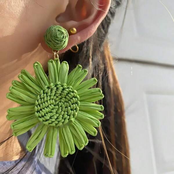 1 par de pendientes grandes con diseño de flores de rafia de moda, accesorios de playa de alta gama, regalo de joyería para bodas, pendientes colgantes extra grandes