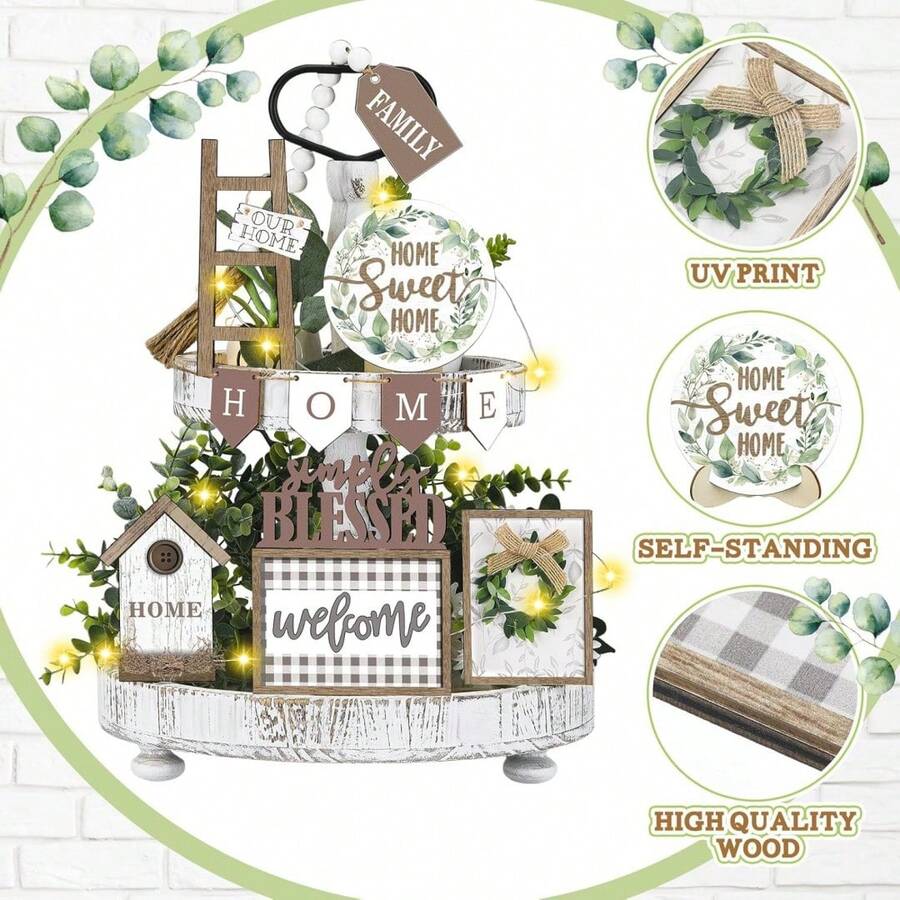 Set Of 11 Summer Farmhouse Tiered Tray Decor Rustic Home Tiered Tray Decorations Set Wooden Signs Home This Is Us Farmhouse Tabletop Wood Signs For Kitchen Table Shelf Decor For Home Wedding Decoration, Valentine'S Day Decor Holiday Decor, Graduation Decoration, Party Decor Supplies - 棕色 - 查看 1