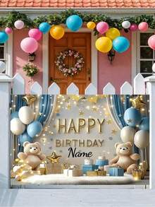 1 szt. personalizowany baner urodzinowy z imieniem, urocze tło do zdjęć z motywem niebieskiej kurtyny w kształcie misia, spersonalizowana dekoracja na prysznic, odpowiednia na spotkania rodzinne, wesele, urodziny