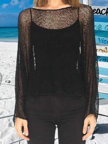 Women Knit Cover-Up, See-Through Solid Irregular Loose Pullover Summer Beach Tops - 黑色 - 查看 7