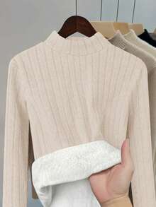 Nouveau Top t-shirt casual quotidien en peluche chaud à col rond, de couleur unie et rayé, pour femmes en automne