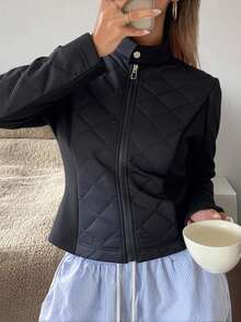 Livesso 女士纽扣立领拉链口袋街头时尚修身棉服外套，冬季女装，冬季外套女夹克 - 黑色 - 查看 6