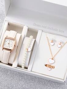 6pcs/Set Mini Square Watch With PU Leather Strap & Beaded Heart Jewelry Set (Bracelet, Necklace, Earrings, Ring, Bracelet), Suitable For Daily Wear, Back To School Gift For Friends