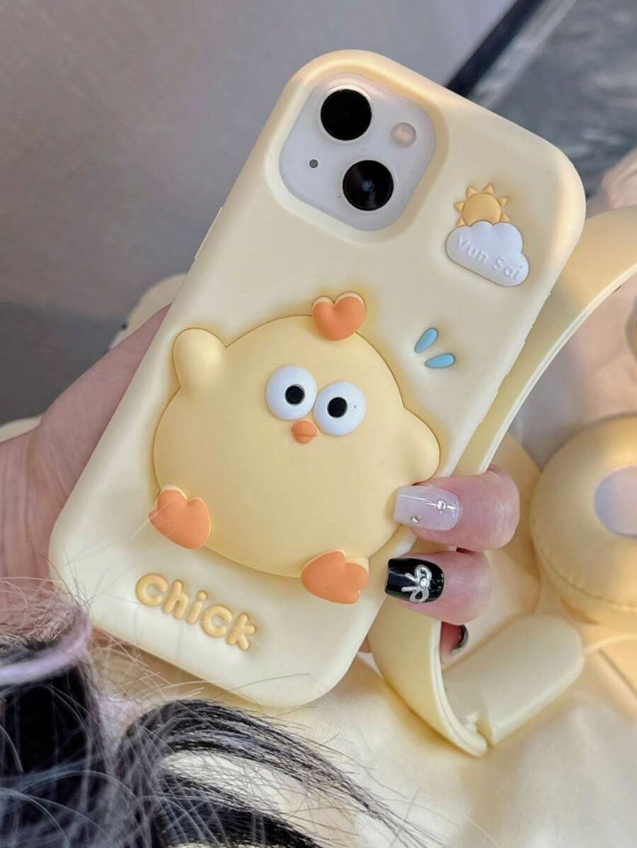 可爱奶油黄色挤压鸭卡通风格手机壳适用于 14 Pro Max、 13、 14、 11、 12、 15 Pro Max，柔软硅胶保护套，韩式/日式设计 - 黃色 - 查看 1
