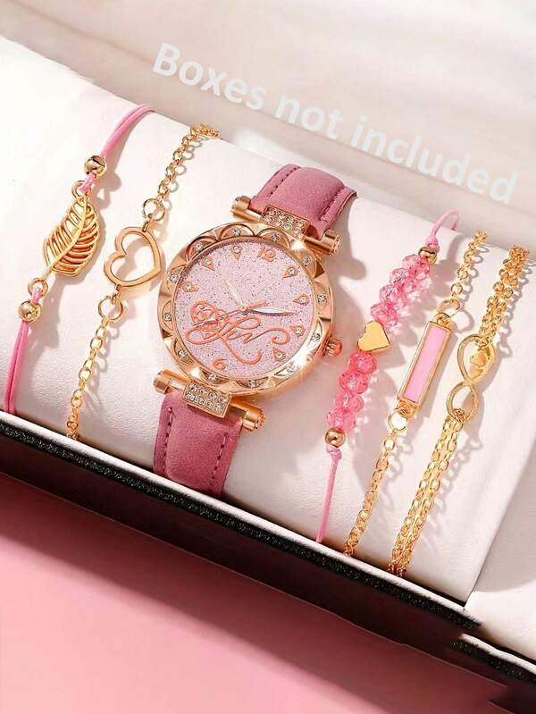 1 reloj de cuarzo rosa para mujer y 5 pulseras con cuentas con forma de corazón, un regalo lindo y romántico, adecuado para la vuelta al colegio, regalo para amigos y compañeros de clase