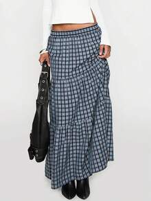 1 件格子条纹休闲褶皱荷叶边/荷叶边下摆女式半身裙，适合所有季节日常穿着 - 彩色 - 查看 5