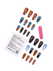 24 件万圣节指甲按压黑猫南瓜灯蜘蛛网棺材指甲和 1 个指甲锉条 + 1 片果冻胶指甲用品指甲 - 彩色 - 查看 3