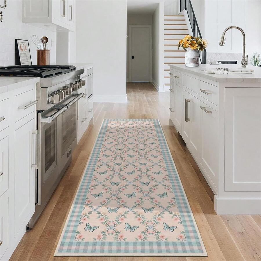 Meiyiu Washable Runner Rug Modern Farmhouse Floral Entryway Runner Non Slip, Low Pile Thin Hallway Rug, Soft Non Shedding Floor Cover, Indoor Foldable Printed Mat For Kitchen Laundry 2*6ft/5*7ft/8*10ft/9*12ft/10*13ft - 藍色/粉紅色-2*6英尺 - 查看 1