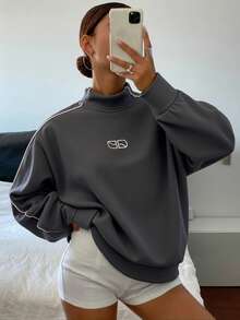 Livesso 字母图案撞色滚边立领落肩卫衣，长袖上衣 - 霧霾藍 - 查看 7