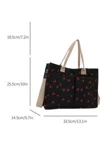 时尚休闲樱桃图案多口袋轻便购物手提包，容量宽敞，配有可调节肩带的手提包，适合女孩/女士购物、上下班通勤、医院、郊游、商场 - 黑色 - 查看 5