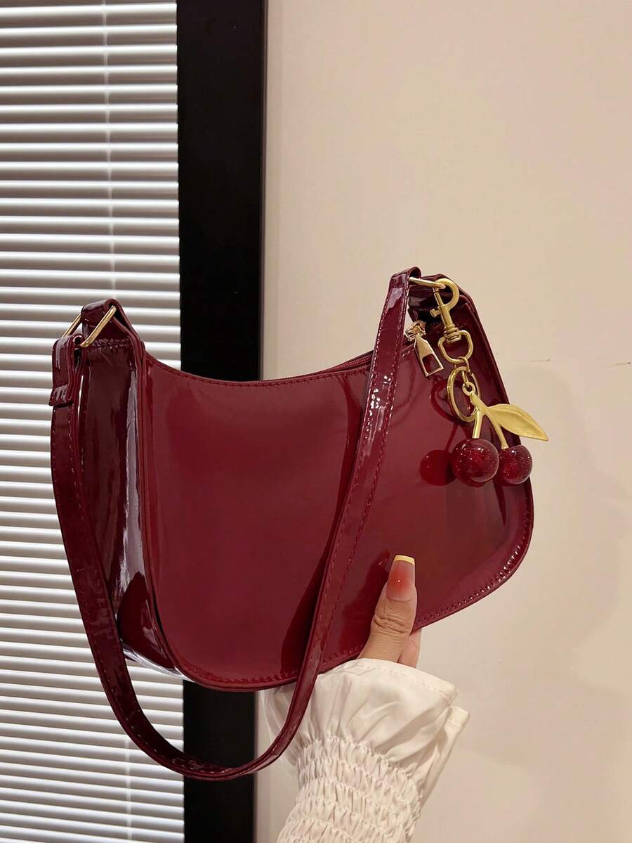 纯色极简拉链单肩包,时尚新月形包,拉链单肩包,仿皮纯色钱包,酒红色内衣收纳袋,理想的新年礼物,时尚酒红色内衣收纳袋 - 紅色 - 查看 1