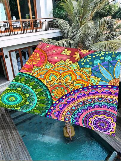 1 pieza Toldo grueso impermeable para exteriores, con patrón bohemio de mandala y flores degradado en verde, para refugio de jardín, patio o playa, incluye cuerdas (sin estructura)