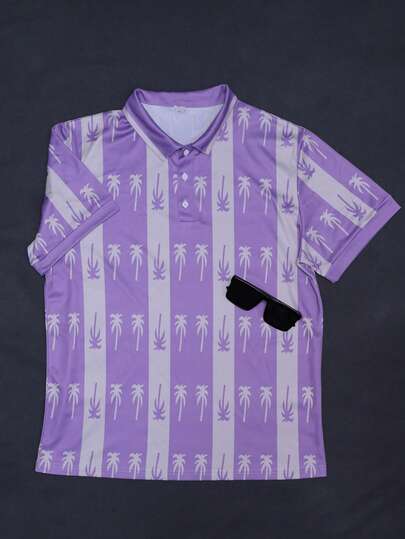 Summer Men 3D Coconut Tree Plaid Print Polo Shirt Making Statement At Casual Networking Events & Weekend Gallery Visits