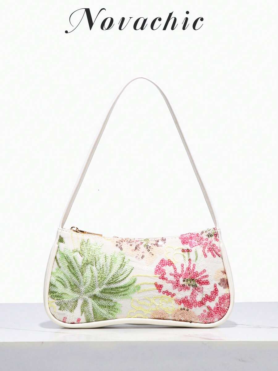 Novachic，1 件，度假风格夏季包，彩色花卉串珠装饰，简约，女士拉链手提包和单肩包，适合度假、派对等。（花朵位置随机）