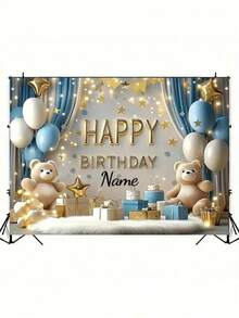 1 szt. personalizowany baner urodzinowy z imieniem, urocze tło do zdjęć z motywem niebieskiej kurtyny w kształcie misia, spersonalizowana dekoracja na prysznic, odpowiednia na spotkania rodzinne, wesele, urodziny