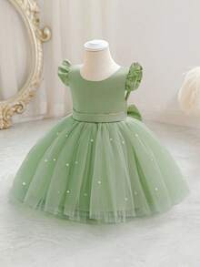 Baby Girls Cap Sleeve Bow Tulle Mint Green Elegant Christmas Party Dress, Princess Dress Suitable For 1st Birthday Party, Banquet, Wedding Flower Girl Outfit