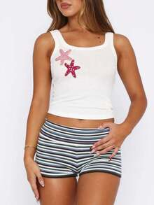 Women Y2K Sequin Graphic Tank Tops Sparkly Starfish Crab Jellyfish Sleeveless Crewneck Slim Fit Crop Camisole Vets Top Summer Backless Going Out Tops Tee Shirts Party Club Beach Vacation Streetwear - Đỏ và trắng - Xem 3