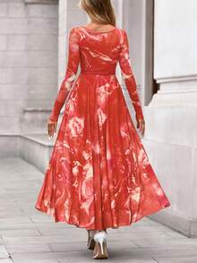 Women Floral Maxi Dress Elegant Long Sleeve Square Neck Flowy Midi Dress Spring Fall Autumn Night Out Party Club Cocktail Wedding Guest Valentine Dresses Outfits - 磚紅色 - 查看 2