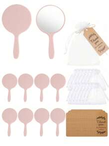 束口袋礼品袋礼品套装，包括（袋子+镜子+梳子），粉色镜子，白色网袋，粉色梳子，新娘送礼会礼物，塑料化妆镜，新娘感谢卡，婚礼派对礼物，带透明硬纱布袋，伴娘礼物，宾客婚礼派对用品，适合日常使用，适合返校，节日露营用品，度假必需品