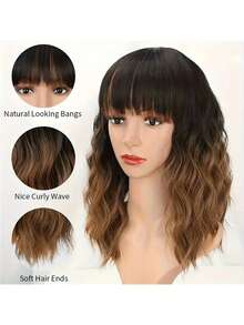14" Brown Ombre Short Curly Bob Wig With Bangs For Women - Matte Heat-Resistant Fiber | Breathable Rose Net | Women Christmas Holiday Daily Wear - 漸層棕色 - 查看 3