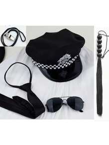 5 pièces Ensemble de costume de police sexy pour femmes, comprenant un chapeau de police + des lunettes + une cravate + un sifflet + un fouet à 5 boules. Accessoires de costume de fête de police, accessoires de tenue de fête.