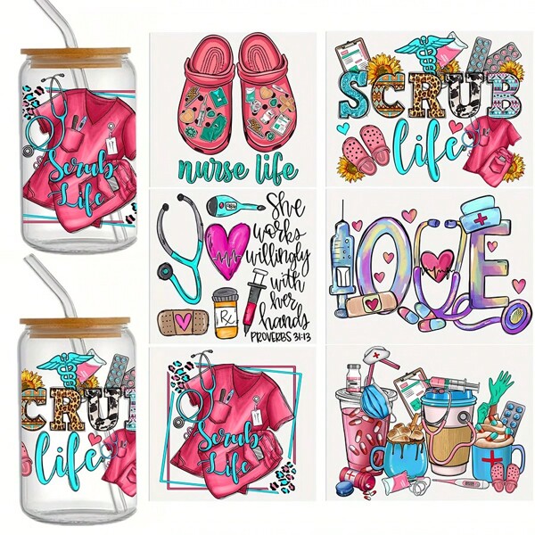 6pcs Medical Theme UV DTF Transfer Paper, Waterproof Scratch-Resistant Self-Adhesive PVC Decal Paper, Suitable For Mugs, Ceramic Cups, Glass Cups, Metal Cups, Laptop And Phone Cases, DIY Packaging