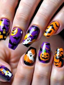 24 件万圣节指甲按压式夜城堡蝙蝠鬼棺材指甲和 1 个指甲锉条 + 1 片果冻胶指甲用品指甲