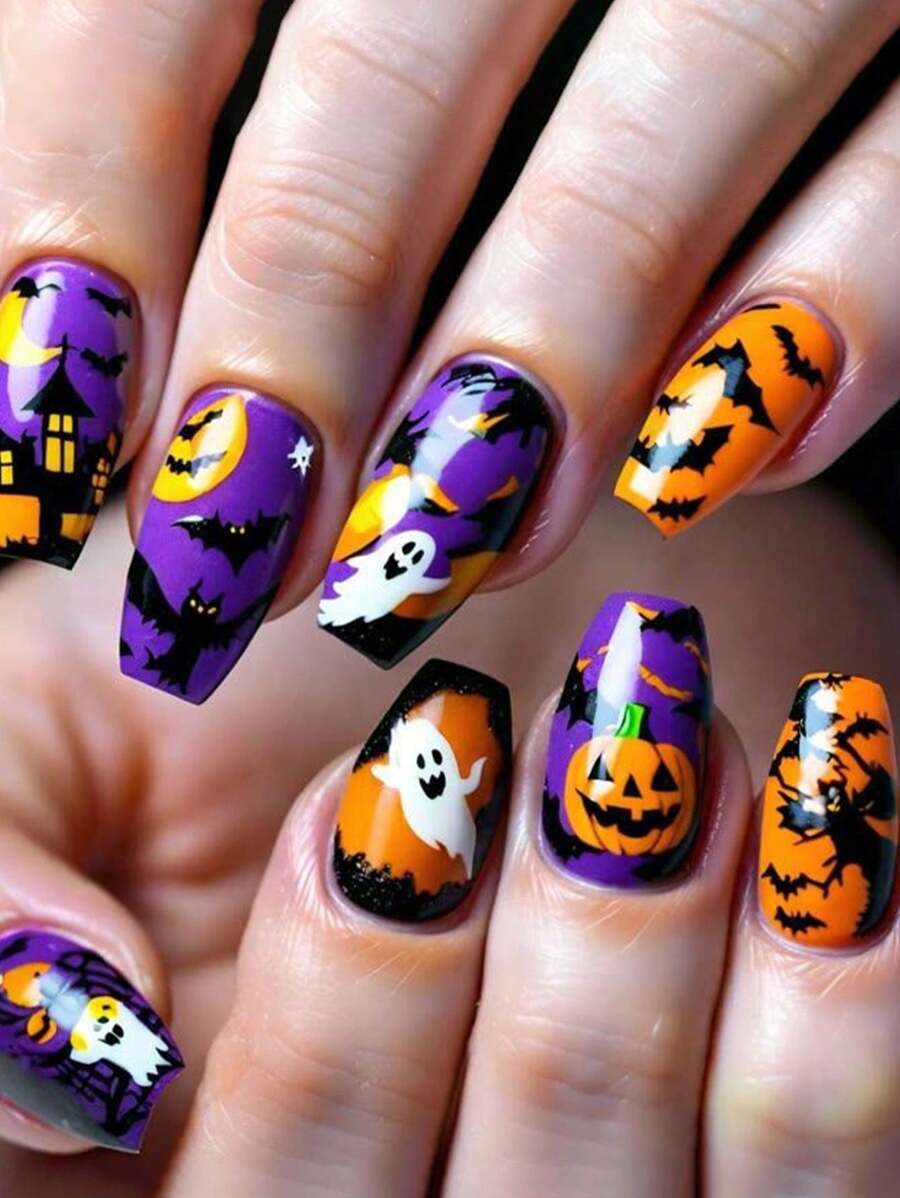 24 件万圣节指甲按压式夜城堡蝙蝠鬼棺材指甲和 1 个指甲锉条 + 1 片果冻胶指甲用品指甲