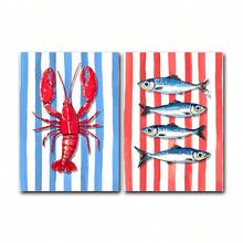 龙虾和沙丁鱼海岸厨房壁画 2 件套，渔夫美学龙虾沙丁鱼海报，航海红蓝条纹海鲜抽象艺术版画 - 彩色 - 查看 10