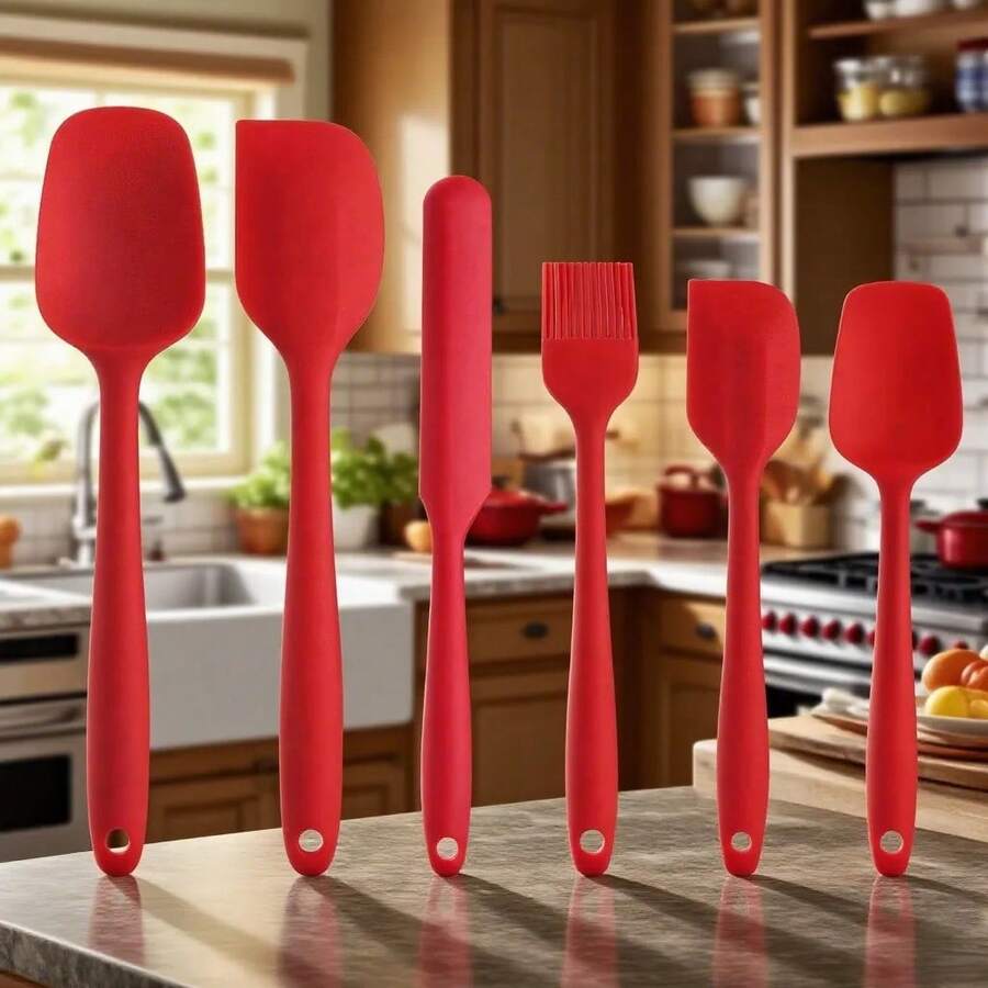 6-Piece Red/Black Seamless Silicone Spatula Set - Heat-Resistant And Flexible Silicone Spatulas For Kitchen Cooking, Baking, Stirring Yogurt And Spreading Butter - Non-Stick And Easy To Clean, Premium Tableware, Easy To Use In Dishwashers, High-Quality Baking Set, Thanksgiving Gift, Halloween Gift, Christmas Gift - 紅色 - 查看 1