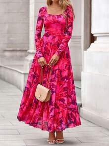 Women Floral Maxi Dress Elegant Long Sleeve Square Neck Flowy Midi Dress Spring Fall Autumn Night Out Party Club Cocktail Wedding Guest Valentine Dresses Outfits - Màu Hồng Tươi - Xem 4