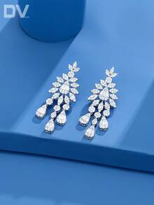 DV JEWELRY 1 对镀铂金方晶锆石奢华吊坠耳环，优雅的女士珠宝礼物，适合约会、婚礼、派对、周年纪念，附赠礼盒 - 銀色 - 查看 2