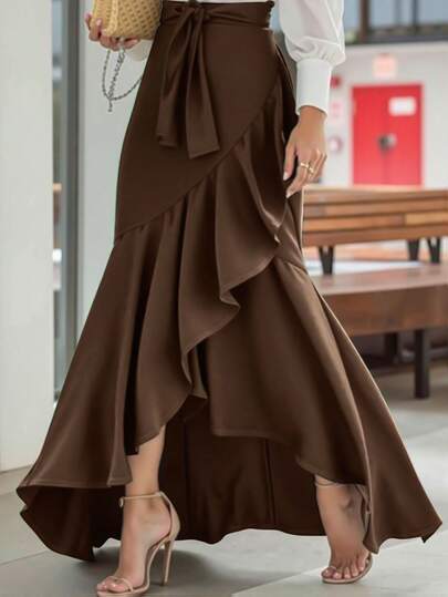 Women's Solid Color Belted Bodycon Asymmetric Ruffle Hem Elegant Skirt, Casual & Sexy For Dates, Halloween Spring