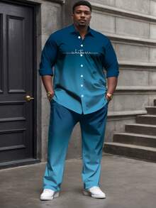 Men's Plus Size Casual Sport Suit: Gradient Long Sleeve T-Shirt + Pocket Drawstring Pants - Polyester Blend, Machine Washable - 藍色 - 查看 1