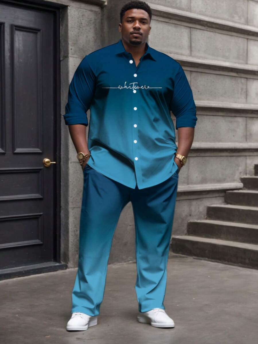 Men's Plus Size Casual Sport Suit: Gradient Long Sleeve T-Shirt + Pocket Drawstring Pants - Polyester Blend, Machine Washable - 藍色 - 查看 1