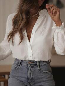 Bestselling Vintage Style Embroidered Ruffle Hem Women Blouse, Floral, Leaf Print, Button Embroidery Decor, Casual White Spring - White - View 3
