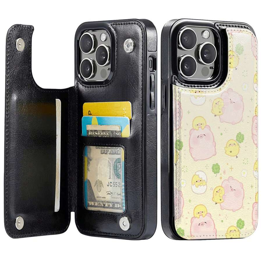 Pig And Chick Wallet-Style Mobile Phone Case, Designed With Cute Smiles And Clover Patterns, Suitable For IPhone 16e 16 15 14 Plus 13 12 11 Pro Max SE 2022 7 8 Plus X XR XS Max Wallet-Style Mobile Phone Case With Card Slot Holder And Double Magnetic Buckle Durable Protective Cover - Black - View 1