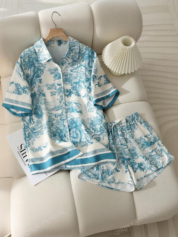 Women's Leaf Allover Print Button Shirt And Shorts Set, Summer