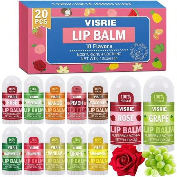 VISRIE Mini Lip Balm 40 Pack, Natural Lip Balms Bulk With Vitamin E And Coconut Oil, Moisturizing Lip Balm For Dry Cracked Lips - 10 Flavors