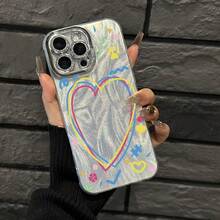 Funda para teléfono (1 unidad) con corazón multicolor centrado, hilo fino perforado con efecto pluma, IMD, moderna y elegante. Compatible con phone 16/15/14/13/12/11 Pro, Promax Plus, X y XS Max. Ideal para hombres y mujeres. - Plateado - Ver 5