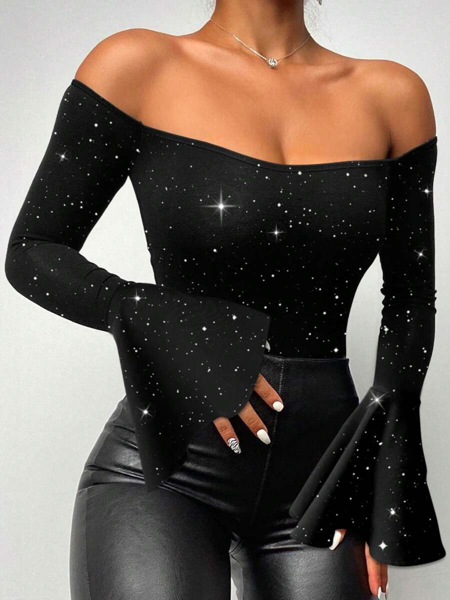 ChicMe Women Off Shoulder Glitter Top Bell Sleeve Slim Fit Stretchy Pullover T Shirt Sexy Elegant Party Date Daily Streetwear