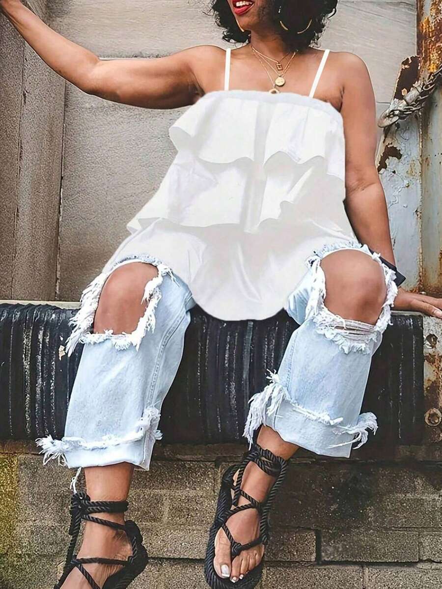 UREREM 大码女式无袖上衣，优雅层叠荷叶边下摆 - 黑色，涤纶面料，露背设计，适合休闲或时尚场合，休闲上衣 | 露肩时尚 | 涤纶梭织面料 120克 独特设计 无袖休闲上衣 - 白色 - 查看 1