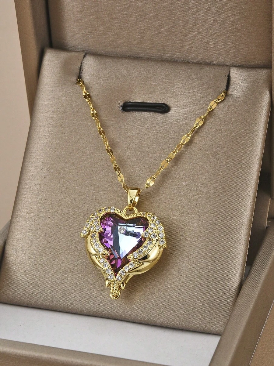 1 chiếc vòng cổ pha lê hình trái tim đại dương bằng thép không gỉ sang trọng dành cho nữ, thích hợp cho tiệc tùng, đeo hàng ngày, phong cách châu Âu & Mỹ, độc đáo, hào phóng, đá Cubic Zirconia, trang sức cưới, quà tặng cho bạn gái, người thân, bạn bè, sinh nhật, ngày lễ tình nhân, quà tặng cho người yêu - Vàng - Xem 1