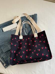 时尚休闲樱桃图案多口袋轻便购物手提包，容量宽敞，配有可调节肩带的手提包，适合女孩/女士购物、上下班通勤、医院、郊游、商场 - 黑色 - 查看 9