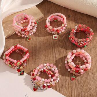 4pcs/Set Personalized Letter & Strawberry Pendant Layered Bracelets, Cute & Versatile