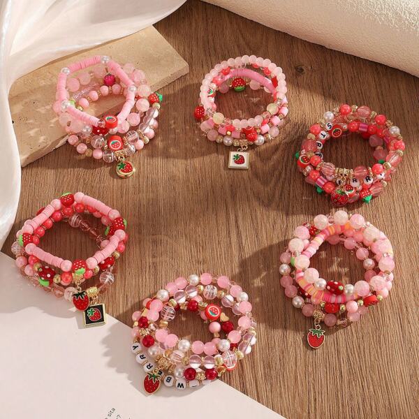 4pcs/Set Personalized Letter & Strawberry Pendant Layered Bracelets, Cute & Versatile