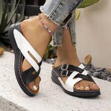 [Fashionable Summer Slippers] Summer Fashionable Women's Slippers - Comfortable And Soft With Thick Soles, Non-Slip Rubber Soles, Stylish Open Toes, Lace-Up Wedge Heels, And A Colorful Striped Design. - 黑與白 - 查看 3